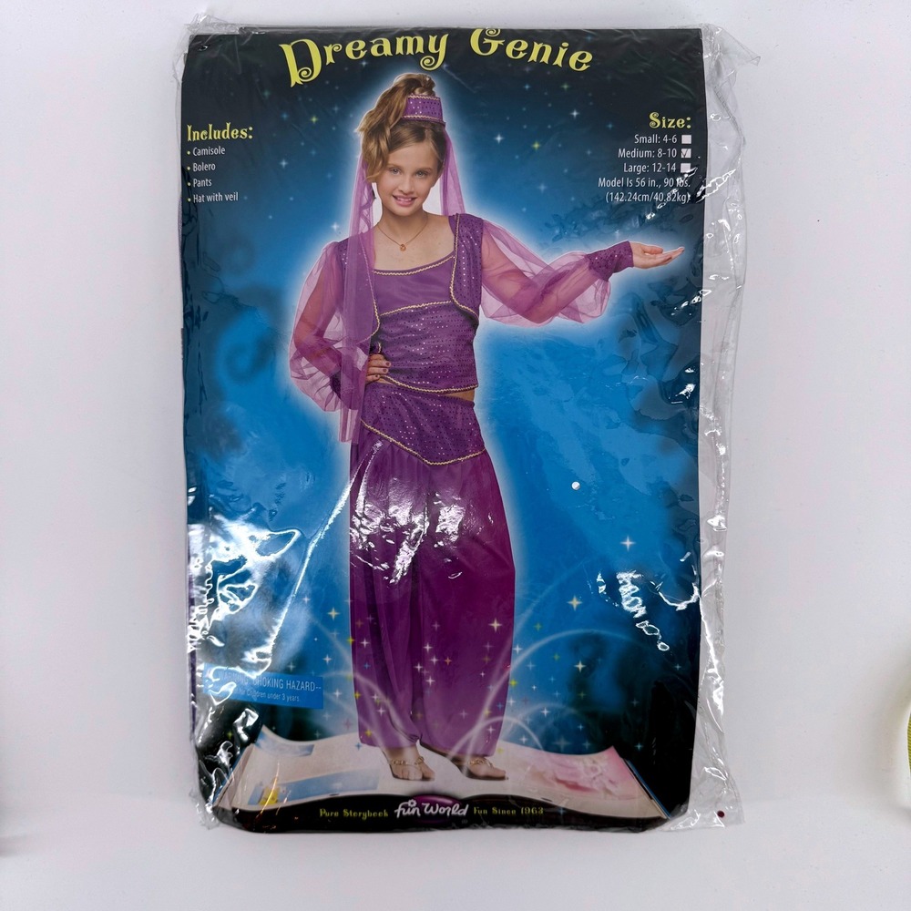 Fun World Dreamy Genie Costume Kids Size Medium 8-10 Purple Sequin 4 Piece Set
